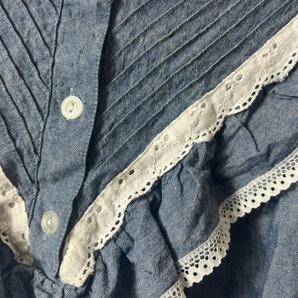 Vintage Prairie Cottagecore‎ Cotton Dress Sleeveless Ruffle Trim Lace Bib Yoke L - Picture 5 of 6